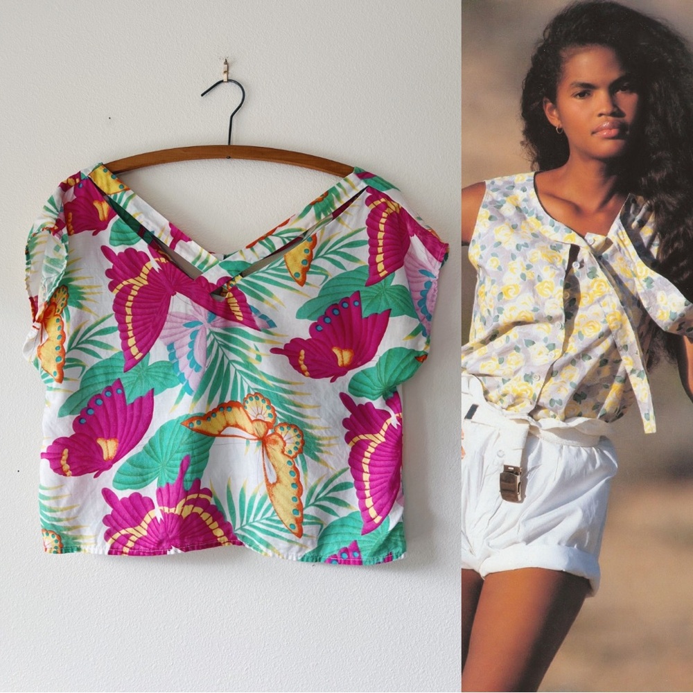 Vintage Floral‎ butterfly V-Neck cropped Top size M